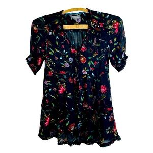 Anthropologie Salzburg Sheer Tunic Top Floral Ruffle Tiered Puff Sleeve Black S.